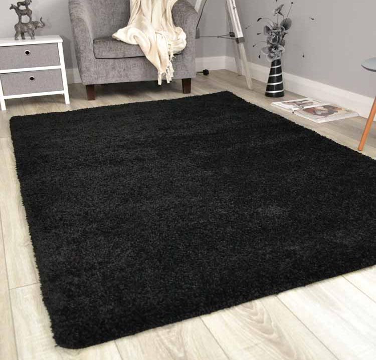 Black Husky Thick Shaggy Machine Washable Rug (Kitchen Rugs)