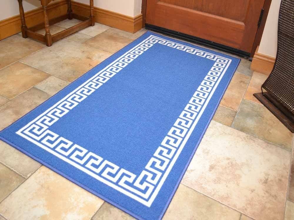 Blue Cream Greek Key Non Slip Machine Washable Rugs (Door Mats - M0011)