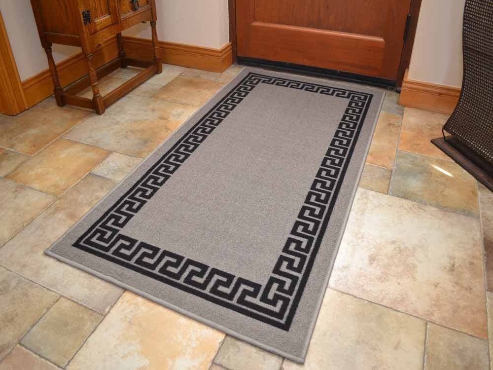 Grey Greek Key Non Slip Machine Washable Rugs (Kitchen Rugs)