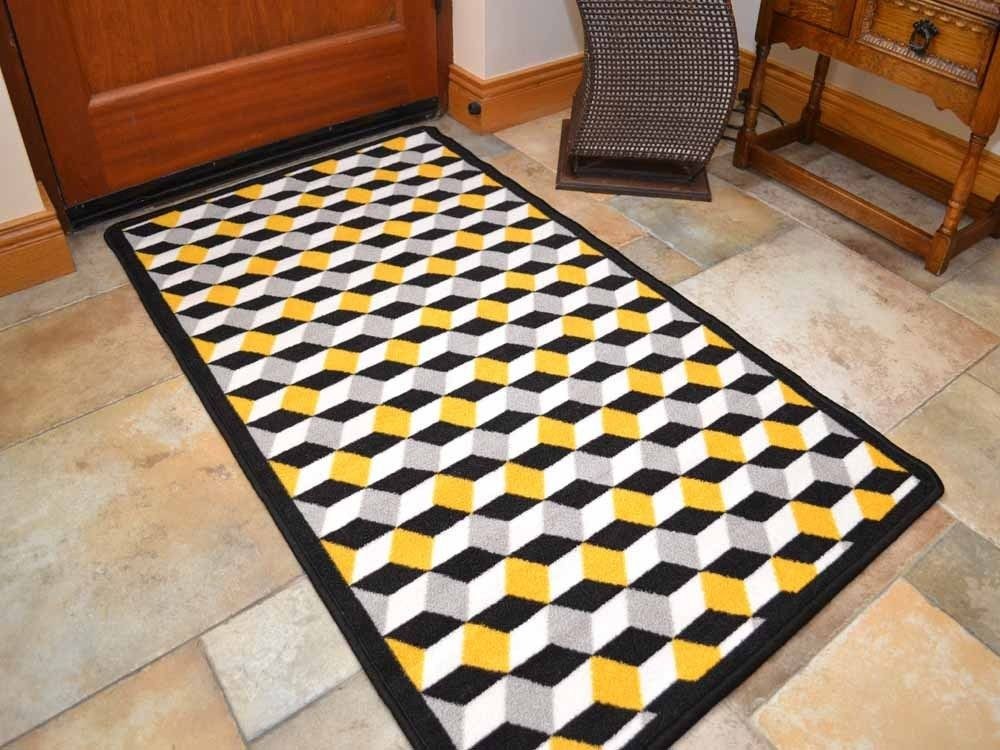 Riviera Ochre Cubes Non Slip Machine Washable Rug (Kitchen Rugs)