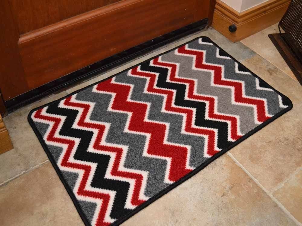 Riviera Red and Grey Zig Zag Non Slip Machine Washable Rug