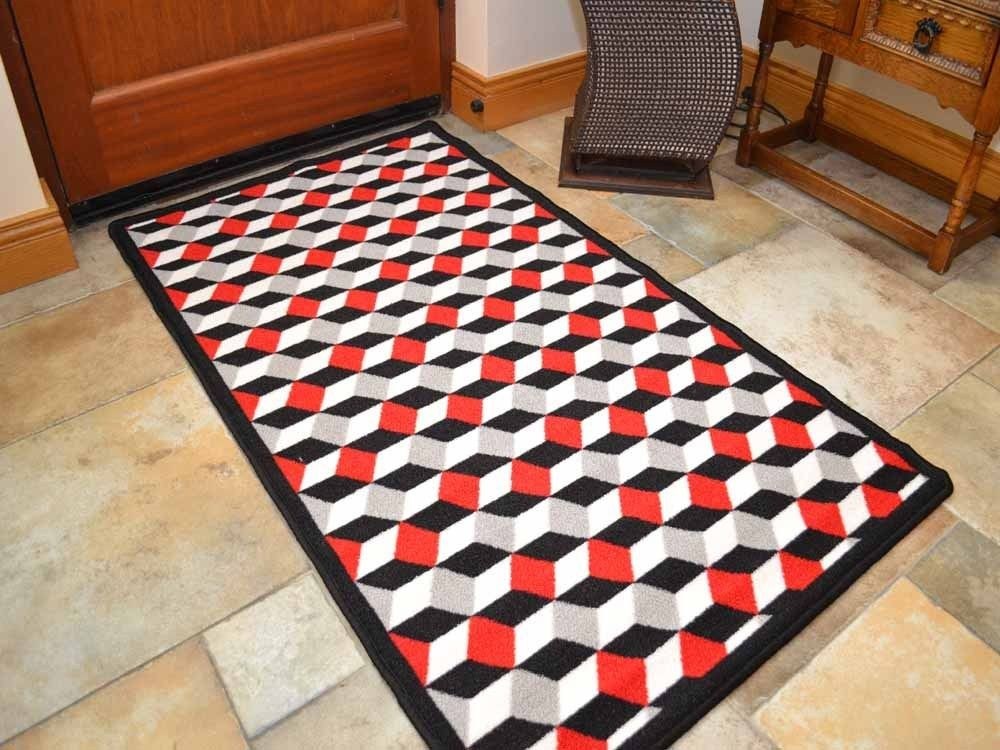 Riviera Red Cubes Non Slip Machine Washable Rug