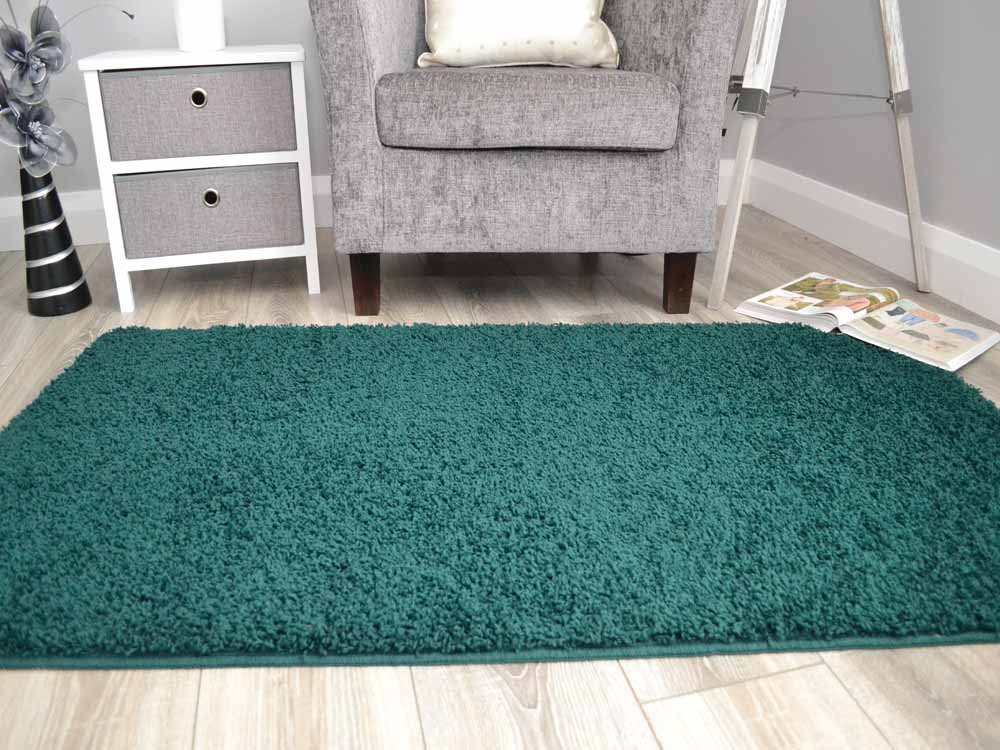 Dark Green Husky Thick Shaggy Machine Washable Rug (Bathroom)