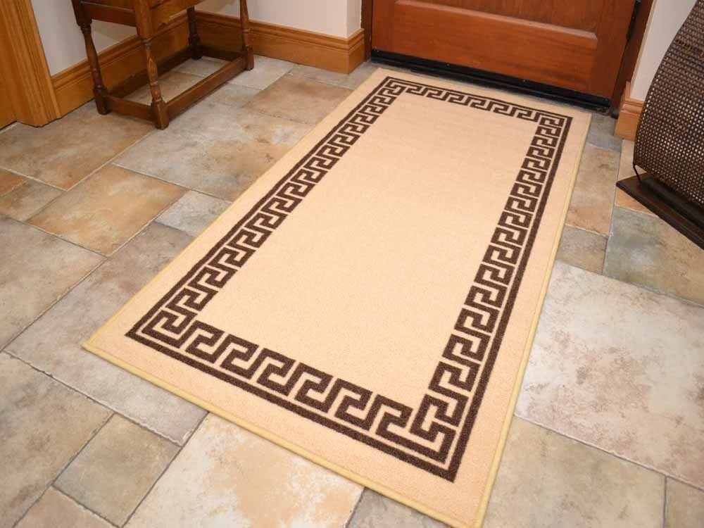 Beige Brown Greek Key Non Slip Machine Washable Rugs (Bathroom)