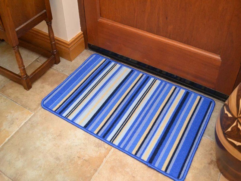 Riviera Blue And Off White Stripes Non Slip Machine Washable Rug (Door Mats)