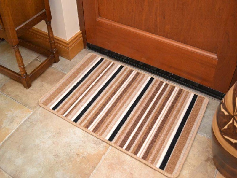 Riviera Chocolate Beige Stripes Non Slip Machine Washable Rug (Door Mats)