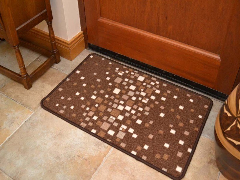 Riviera Chocolate Brown Beige Squares Non Slip Machine Washable Rug (Door Mats)