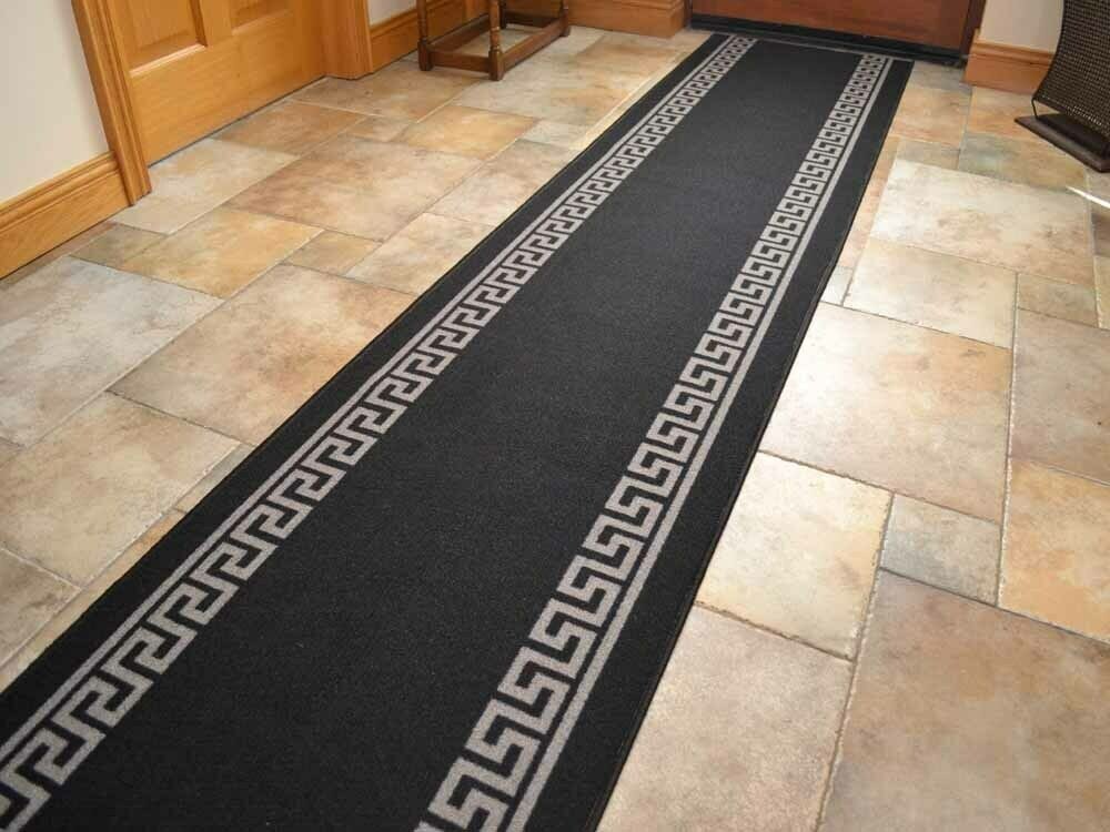 Black And Grey Greek Key 80cm Washable Non-Slip Hall Runners