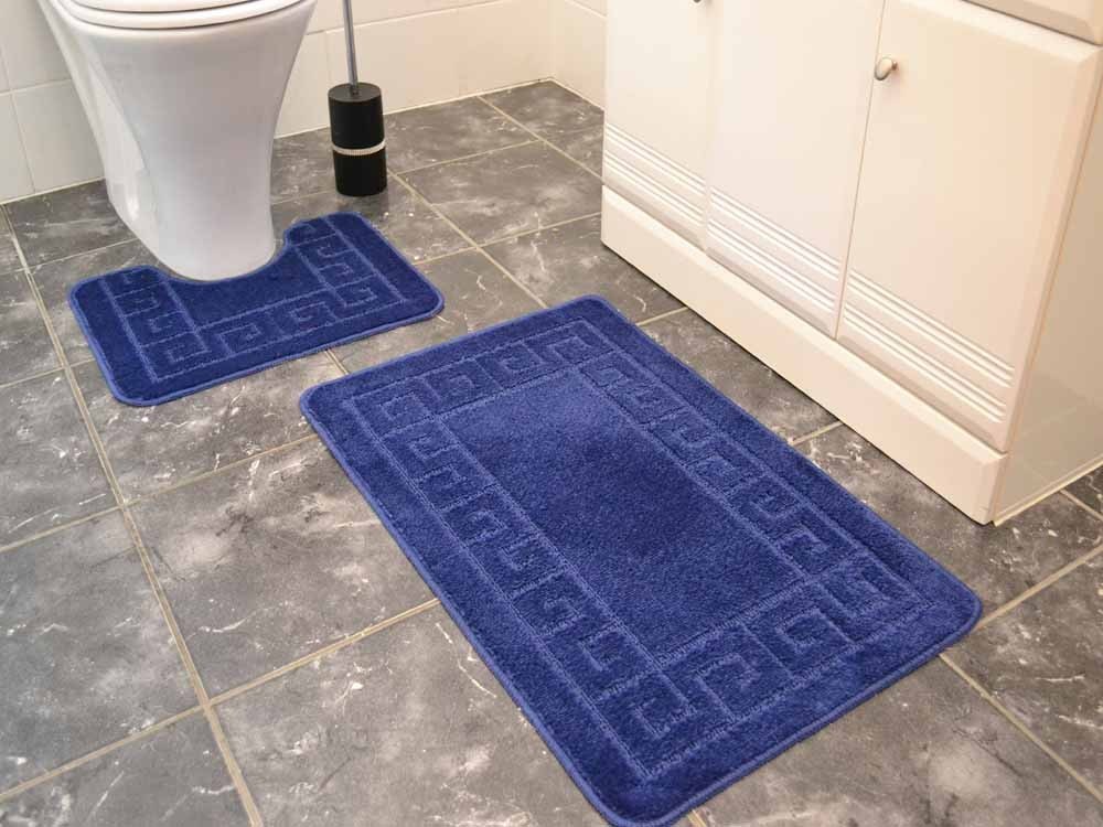 Navy Blue Greek Key Bath Mat Set (Washable Rugs - R0045)