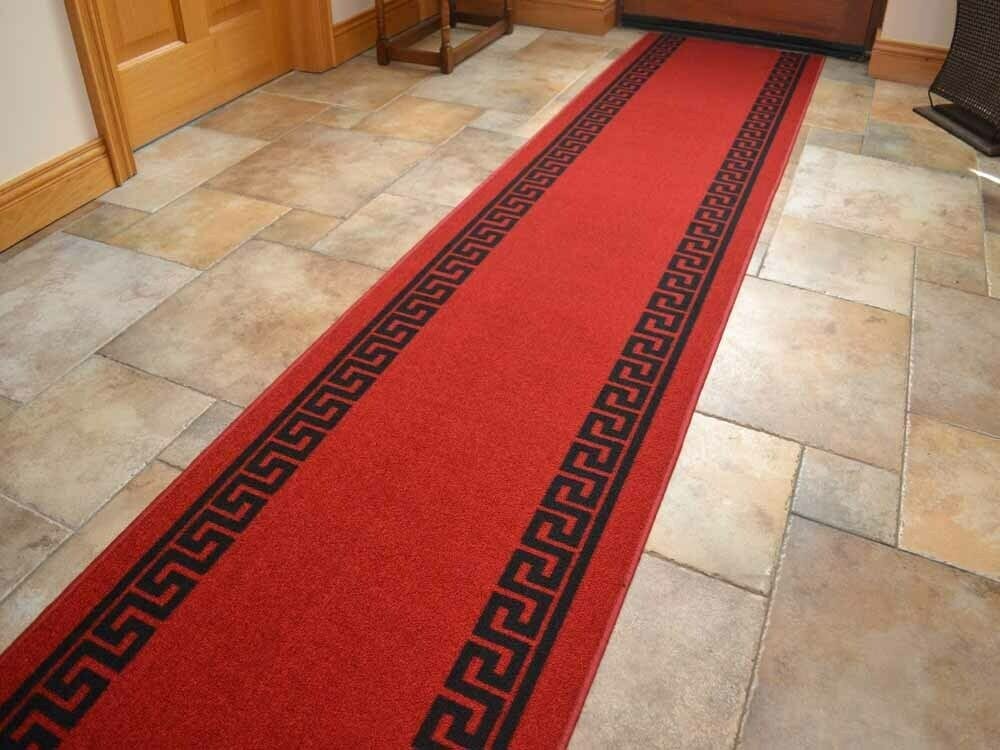 Red and Black Greek Key 80cm Washable Non-Slip Hall Runners
