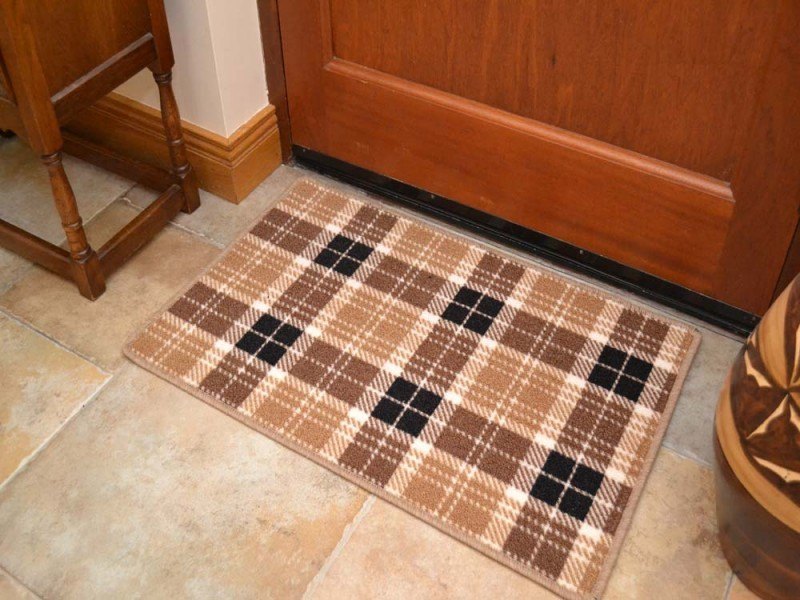 Riviera Chocolate Brown Beige Tartan Non Slip Machine Washable Rug (Kitchen Rugs)
